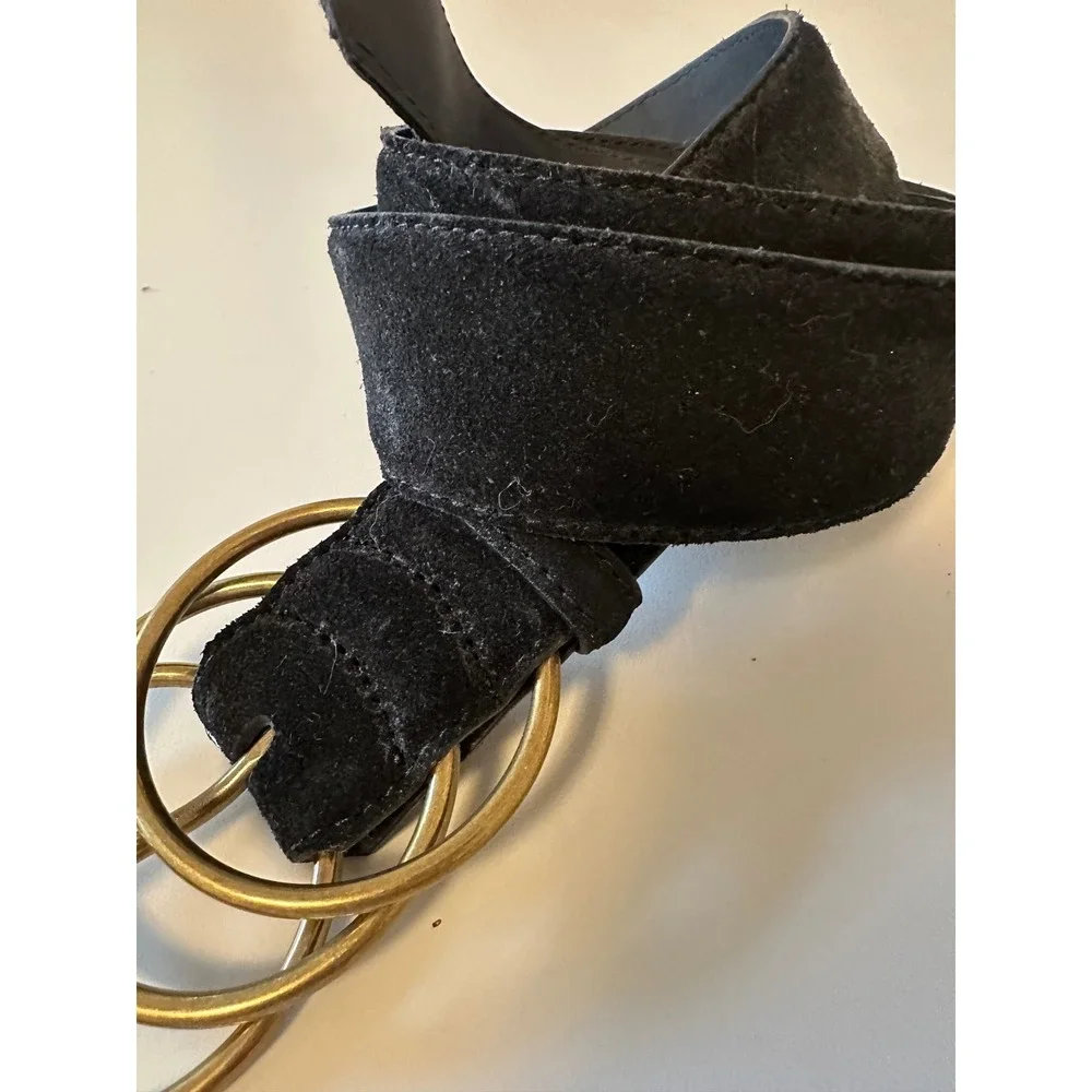 Black Suede Wide Triple Brass Ring Buckle Belt